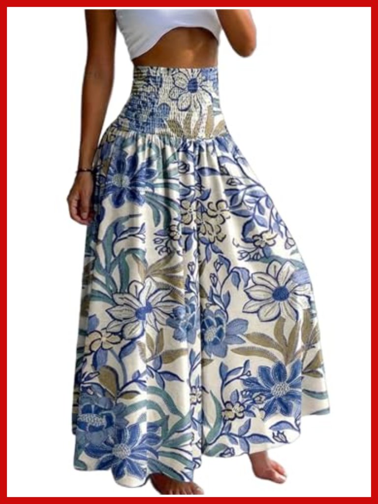 Boho Floral Shirred High Waisted Wide Leg Palazzo Pants Flowy Summer
